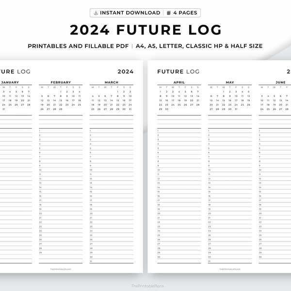 2024 Future Log, Yearly Planner, Annual Overview, Quarterly Calendar, Year at a Glance, Printable & Fillable Pdf, A4/A5/Letter/Classic/Half