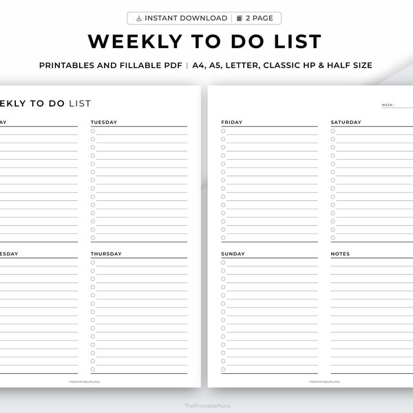 Weekly To Do list 2 Pages Printable, Weekly Task list, Weekly checklist, Weekly Planner, Productivity Planner, Minimal Template,Todo Tracker