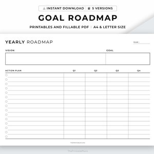 Hoja de ruta de objetivos imprimible, establecimiento de objetivos, plan de acción de objetivos, mapeo anual del proyecto, planificador de productividad, tamaño A4 y carta, PDF rellenable