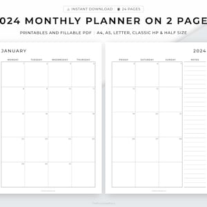 2024 Monthly Planner Printable, Dated Month on 2 Pages, 2024 Calendar, Month at a Glance, Productivity Planner, A4/A5/Letter/Classic HP/Half