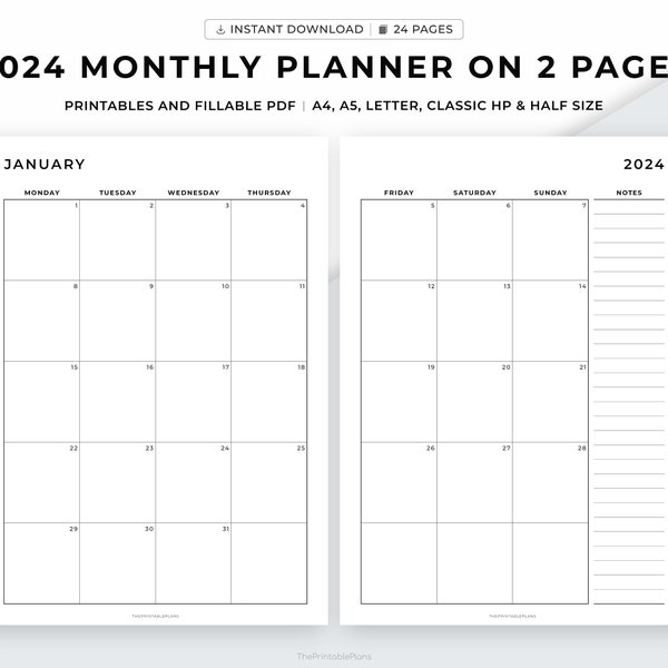 2024 Monthly Planner Printable, Dated Month on 2 Pages, 2024 Calendar, Month at a Glance, Productivity Planner, A4/A5/Letter/Classic HP/Half