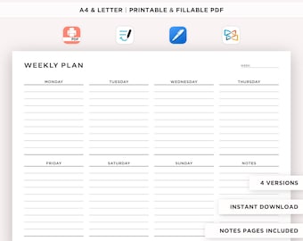 Weekly Planner Printable Landscape, Minimalist Weekly Schedule, Week At a Glance, Weekly Organizer, To do List, Office Planner,  A4/Letter