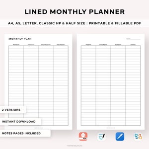 Planificador mensual imprimible con líneas y sin fecha, mes en dos páginas, mes de un vistazo, insertos de calendario mensual, tamaño A4/A5/carta/HP clásico/medio