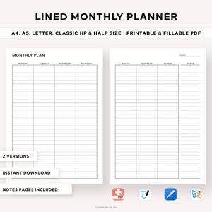 Planificador mensual con líneas para imprimir, mes en 2 páginas, calendario mensual, cronograma mensual, resumen mensual, tamaño A4/A5/clásico/carta/medio
