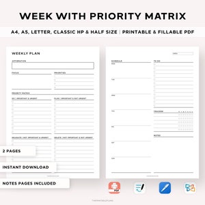 May include: A printable weekly planner with a priority matrix, schedule, to-do list, tracker, and notes section. The planner is designed in black and white with a minimalist aesthetic.