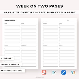 Semana en dos páginas, planificador semanal imprimible, planificador de productividad, resumen de la semana, organizador de horarios semanales, A4/A5/carta/clásico/media página