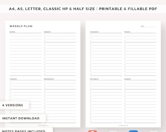 Week on Two Pages, Weekly Planner Printable, Productivity Planner, Week at a Glance, Weekly Schedule Organizer, A4/A5/Letter/Classic/Half