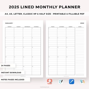 Planificador mensual imprimible con líneas para 2025, mes con fecha en 2 páginas, calendario mensual para 2025, cronograma mensual, descripción general mensual, insertos tamaño A5/carta