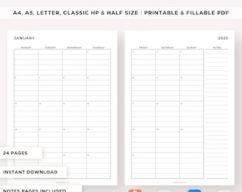 2025 Lined Monthly Planner Printable, Dated Month on 2 Pages, 2025 Monthly Calendar, Monthly Schedule, Monthly Overview, A5/Letter Inserts