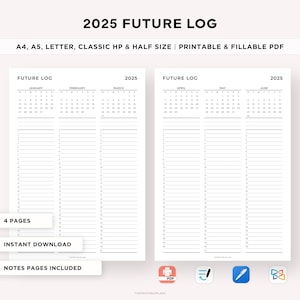 Diario de futuro 2025, planificador anual, resumen anual, calendario trimestral, resumen del año, PDF imprimible y rellenable, A4/A5/carta/clásico/medio
