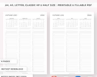 2025 Future Log, Yearly Planner, Annual Overview, Quarterly Calendar, Year at a Glance, Printable & Fillable Pdf, A4/A5/Letter/Classic/Half