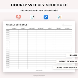 Hourly Weekly Schedule Landscape, Weekly Planner Printable, Week At a Glance, Weekly Agenda, Desk Planner, Weekly To Do List, A4/Letter