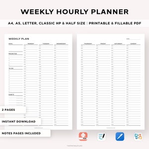 Weekly Hourly Planner Printable, Weekly Schedule, Daily Planner, Undated Planner, Weekly Organizer, Adhd, To Do List Printable A4/A5/Classic