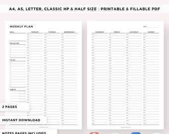 Weekly Hourly Planner Printable, Weekly Schedule, Daily Planner, Undated Planner, Weekly Organizer, Adhd, To Do List Printable A4/A5/Classic