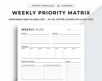Weekly Priority Matrix Planner, Weekly Planner Printable, Weekly Agenda Organizer, Productivity Planner, Weekly Schedule, Goodnotes pages