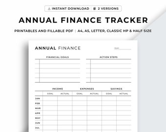 Annual Finance Planner Printable, Yearly Finance Overview, Yearly Income & Expenses Tracker, Budgeting Template, A4/A5/Letter/Classic/Half