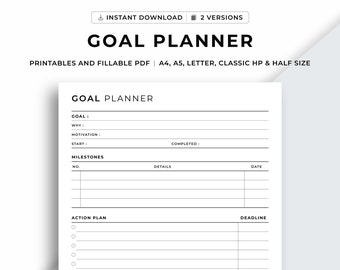 Goal Planner Printable, Goal Setting, Goal Action Plan, Goal Tracker, Goal Journal, Productivity Planner, A4/A5/Letter/Classic/Half size