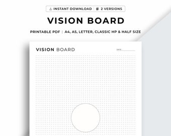 Puede incluir: Una plantilla de tablero de visión imprimible con un fondo punteado y un círculo grande en el centro. La plantilla está diseñada para usar con fotos, recortes de revistas y otros elementos visuales para crear una representación visual de objetivos y aspiraciones.