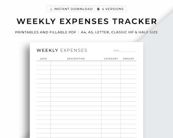 Weekly Expenses Tracker Printable, Expense Log, Spending Tracker, Purchase Log, Transaction Log, Financial Planner A4/A5/Letter/Classic/Half