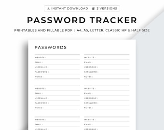 Passwort-Tracker zum Ausdrucken, Passwort-Log, Passwort-Tracker, Passwort-Bewahrer, Passwort-Organizer, Passwort-Blatt, A4 / A5 / Letter / Classic / Half
