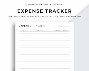 Expense Tracker, Spending Tracker, Expense Log, Purchase Log, Budget Template, A4/A5/Letter/Classic HP/Half Size, Printable & Fillable,