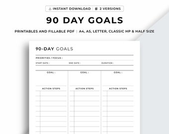 Quarterly Goal Planner Printable, 90-Day Goal Planner, Goal Setting Plan, 3 Month Planner, Productivity Planner, A4/A5/Letter/Classic/Half