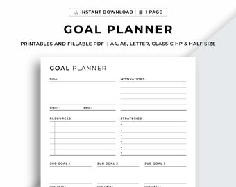 Goal Planner Printable, Goal setting, Goal Tracker, Productivity Planner, A4/A5/Letter/Classic HP/Half Size, Instant Download PDF