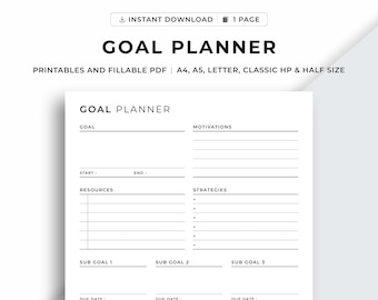 Goal Planner Printable, Goal setting, Goal Tracker, Productivity Planner, A4/A5/Letter/Classic HP/Half Size, Instant Download PDF