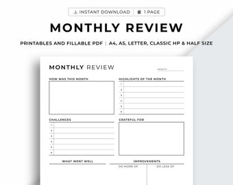 Monthly Review Printable, Monthly Reflection, Monthly Evaluation, Monthly Summary, Insert Template, A4/A5/Letter/Classic HP/Half Size