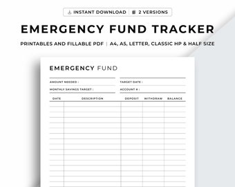 Emergency Fund Tracker Printable, Emergency Fund Challenge, Emergency Fund Savings, Emergency Savings Plan, Budget Planner, Savings Tracker