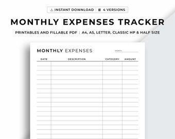 Monthly Expenses Tracker Printable, Expense Log Printable, Spending Log, Purchase Recorder, Transaction Log, A4/A5/Letter/Classic/Half Size