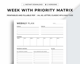Weekly Planner + Priority Matrix Printable, Weekly Planner Printable, Weekly Agenda, Weekly Productivity Planner, Minimal Weekly Schedule.