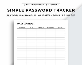 Passwort-Tracker zum Ausdrucken, Passwort-Log, Passwort-Tracker, Passwort-Bewahrer, Passwort-Organizer, Passwort-Blatt, A4 / A5 / Letter / Classic / Half