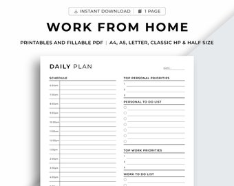 Work From Home Planner Printable, Office organizer, Daily Planner, Productivity Planner, Daily Hourly Planner,A5/A4/Letter/Classic/Half Size