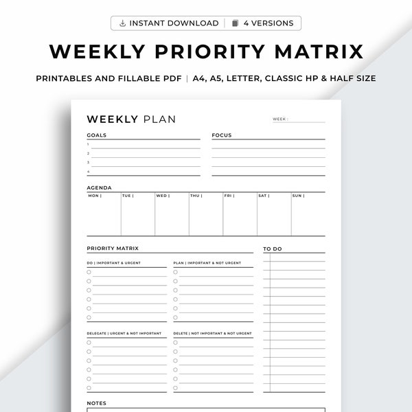 Weekly Priority Matrix Planner, Weekly Planner Printable, Weekly Agenda Organizer, Productivity Planner, Weekly Schedule, Goodnotes pages