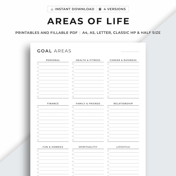 9 Areas of Life Planner Printable, Goal Planner, Goal Setting, Productivity Planner, Life Goals, A4/A5/Letter/Classic/Half, Instant Download