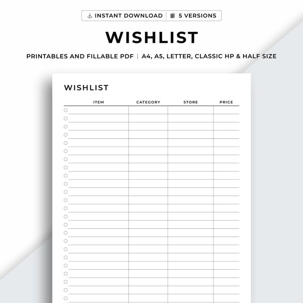 Simple Wishlist Page Printable, Holiday Wishlist Template, Birthday Wishlist, Shopping Wish List, Wishlist sheet, A4/A5/Letter/Classic/Half