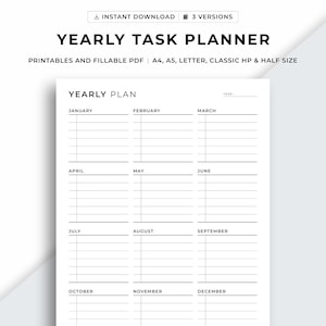 Tareas anuales, Lista anual de tareas pendientes, Planificador anual, Planificador anual, Planificador minimalista, A4/A5/Carta/Clásico/Medio, Pdf imprimible y rellenable