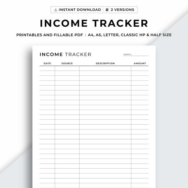 Income Tracker Printable Template, Personal / Business Income Tracker, Income Sheet, Finance Tracker, A4/A5/Letter/Classic HP/Half Size