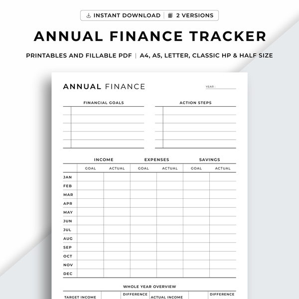 Annual Finance Planner Printable, Yearly Finance Overview, Yearly Income & Expenses Tracker, Budgeting Template, A4/A5/Letter/Classic/Half