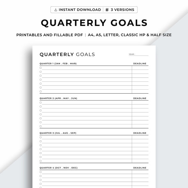 Quarterly Goals, Goal Planner Printable, Goal setting, Goal Tracker, 3 Month Goals, Productivity Planner, A4/A5/Letter/Classic HP/Half Size