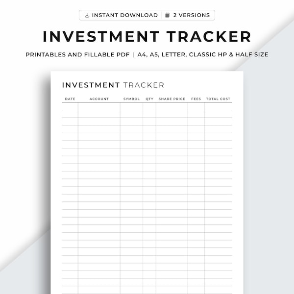 Investments Tracker Printable, Investment Planner, Investments Portfolio Tracker, Money Management, Stock Purchase Log, Finance Planner