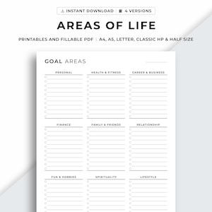 Planificador de 9 áreas de vida imprimible, planificador de objetivos, establecimiento de objetivos, planificador de productividad, objetivos de vida, A4/A5/carta/clásico/medio, descarga instantánea