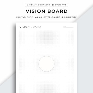 May include: A printable vision board template featuring a dotted background and a large circle in the centre. The template is designed for use with photos, magazine clippings, and other visual elements to create a visual representation of goals and aspirations.