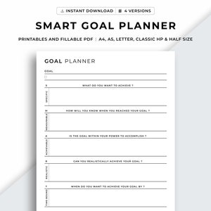 Planificador de objetivos SMART imprimible, establecimiento de objetivos, plan de acción de objetivos, hoja de trabajo de objetivos SMART, A4/A5/Carta/HP clásico/tamaño medio, descarga instantánea en PDF