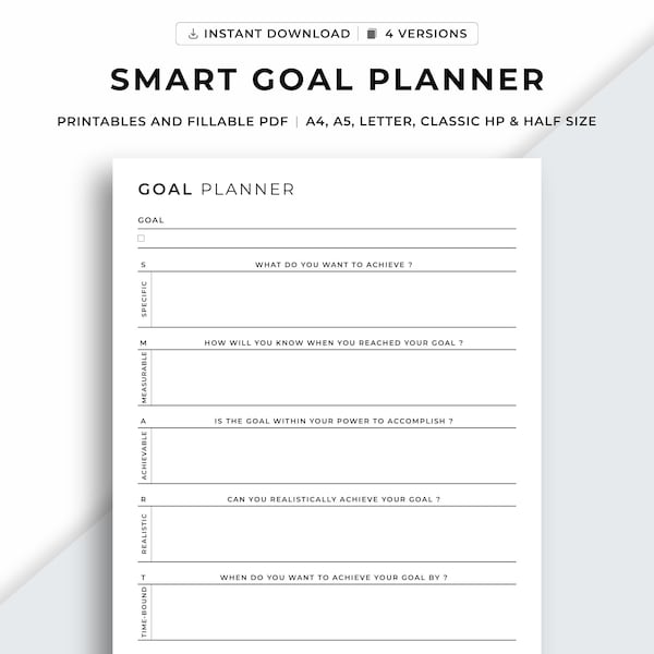 SMART Goal Planner Printable, Goal Setting, Goal Action Plan, SMART Goal Worksheet, A4/A5/Letter/Classic HP/Half Size, Instant Download Pdf