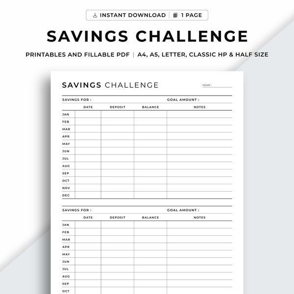 Savings Tracker Printable, Savings Challenge, Saving Goal Plan, Money Savings Trackers, Finance Planner, A4/A5/Letter/Classic HP/Half