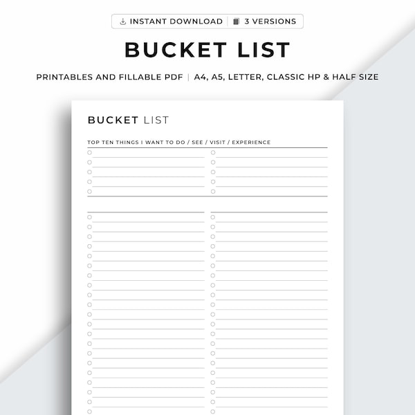 Bucket List Printable, Life Goals Planner, To Do List Plan, Bucket List Template Check List, A4/A5/Letter/Classic/Half, Instant Download