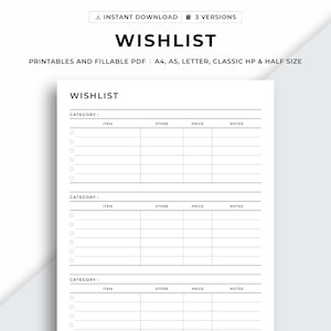 Wishlist Planner Printable, Holiday Wishlist Template, Birthday Wishlist, Shopping Wish List, Wishlist sheet, A4/A5/Letter/Classic/Half Size