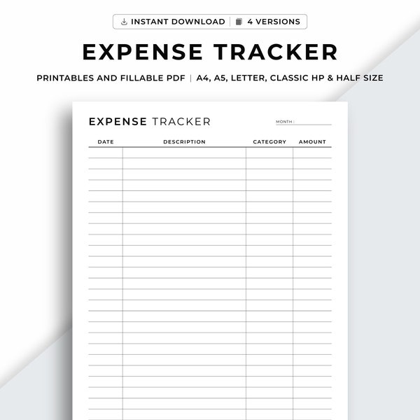 Expense Tracker, Spending Tracker, Expense Log, Purchase Log, Budget Template, A4/A5/Letter/Classic HP/Half Size, Printable & Fillable,